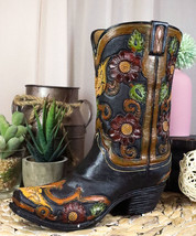 Rustic Western Faux Tooled Leather Cowboy Floral Blooms Boot Planter Vas... - $31.99