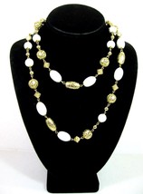 Necklace Vintage Filigree Bicone Barrel Beads White Plastic Beaded 36&quot; Goldtone - £18.31 GBP