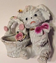 Japan Porcelain Figurine Planter White Dog In Pink Bow Sitting By Basket... - £6.92 GBP