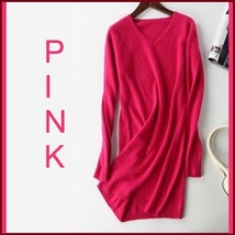 Ladies Soft Mink Cashmere Long Sleeve Pink V-Neck Mini Sweater Shirt Dress