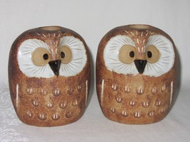 Pair Owl Candlestick Holder Figurines Vtg Brown Art Pottery Stamped Home Decor - £39.24 GBP