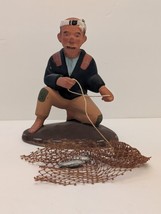 Hakata Doll Urasaki Clay Fisherman Figurine w/Fishing Net 1950&#39;s Japan 6&quot; - £36.87 GBP