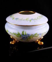 Signed Vintage French Hair receiver - porcelain footed with lid - flower... - £59.73 GBP