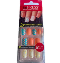 NEW Kiss Nails Impress Press On Manicure Short Gel Coral Blue Polka Dot White - £9.49 GBP