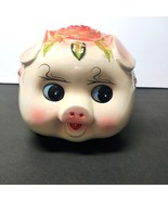 Kitschy Cute Floral Big Eyed and slightly angry little Pink Piggy Bank Pig - $25.25