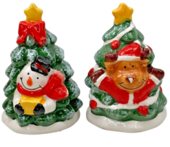 Christmas Tree Snowman and Reindeer Salt &amp; Pepper Shakers Set Holiday Decor Vtg - £13.24 GBP