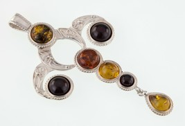 Gorgeous Sterling Silver Multi-Color Amber Cabochon Pendant Poland V-8 - £189.91 GBP