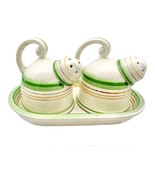 Vintage 3pc Salt &amp; Pepper Shakers &amp; Tray White Ceramic Green &amp; Gold Line... - £11.65 GBP