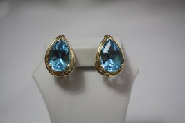 Fine 18K Yellow Gold Teardrop Blue Topaz Diamond Earrings Huge Large Drop Style - £1,087.13 GBP