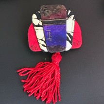 Hand Made Artist Signed Large Asian Layered Fabric w Red Tassel Pin Brooch – 3.5 - £13.20 GBP