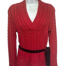 Lauren ralph lauren Petite cable knit sweater red v-neck waist tie Size PM - $27.71