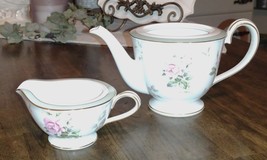 NORITAKE Priscilla Teapot (no lid) &amp; Creamer 5310 2pc Set Green w/Roses ... - $49.99