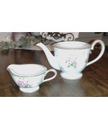 NORITAKE Priscilla Teapot (no lid) &amp; Creamer 5310 2pc Set Green w/Roses ... - £39.22 GBP