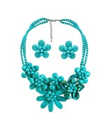 Brilliant in Blue Turquoise &amp; Green Shells Floral Necklace and Clip Earr... - £33.15 GBP