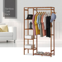 35&quot;Brown Bamboo [Garment Hanging Rod+Pants Rack] Coat Storage Shelves W/... - $98.79