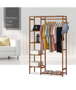 35&quot;Brown Bamboo [Garment Hanging Rod+Pants Rack] Coat Storage Shelves W/... - £78.21 GBP