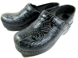 EGUC Dansko Professional Black Emboss Tool Floral Leather Clog Nursing Size 37 - £23.70 GBP