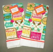 Tropical Paradise Palm Tree Summer Dish Towel Set of 2 Dish Towels 100% Cotton - £19.53 GBP