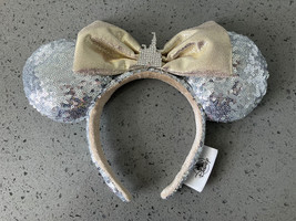 Disney Cinderella Castle Princess Silver Sequin Minnie Ears Gold Bow Headband - £13.55 GBP