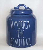 Rae Dunn White Letters America The Beautiful Dark Blue Chunky Large 8&quot; Canister - £51.95 GBP