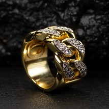 Men&#39;s Yellow Gold Plated Clear Cz Cuban Link Statement Pinky Ring Brass - £42.50 GBP