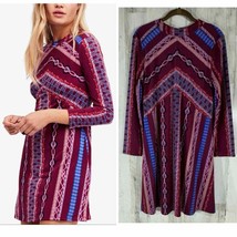 Free People Stella Mini Aline Dress Size Large Purple Retro Mod Print Hi... - £21.65 GBP