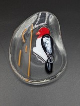 Woodpecker Artist Signed Art Glass Plate  4.5 in Trinket Dish Red &amp; Blac... - $17.95
