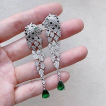 Green Emerald Color Zircon Leopard Dangle Earring Panther Animal 925 Sil... - $53.07