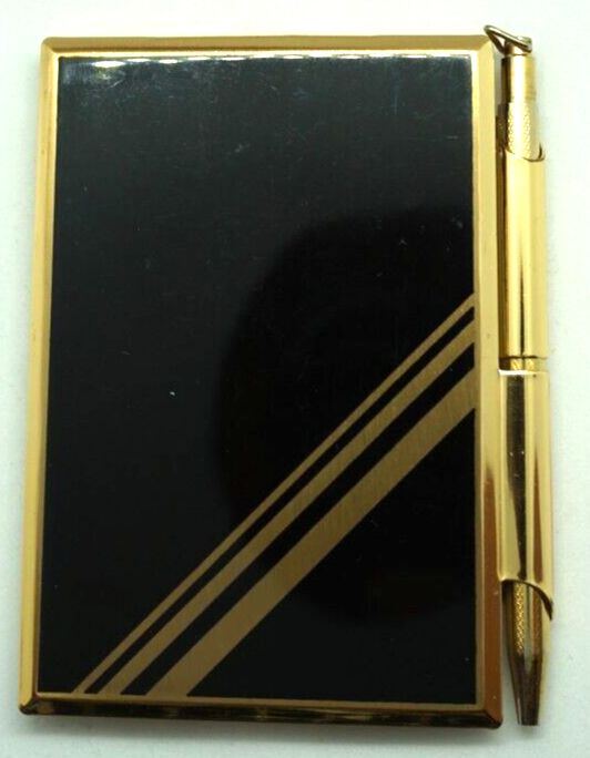 Vintage Stratton England MCM Compact Notepad And Pen Set Black & Gold Tone Metal - $42.54