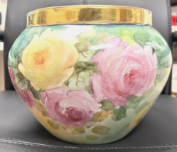 Pink &amp; Yellow Roses Lots of Gold Hand Painted Jardiniere Urn Signed 8 3/8&quot; Tall - $346.50