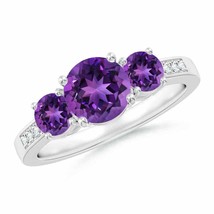 ANGARA Three Stone Round Amethyst Ring with Diamond Accents in 14K Gold - £934.68 GBP