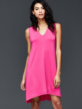 New GAP Women Knit V-neck Hi Lo Hem Hot Pink Cotton Sleeveless Swing Dre... - £23.36 GBP