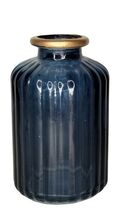 Gold Ringed Top/ Blue Ribbed Glass Bottle / Vase / Diffuser H = 4 inches - $12.76