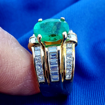 Earth mined Emerald Diamond Deco Engagement Ring Geometric Design Solitaire - $7,523.01
