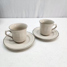2 Sets of Newcor Stoneware New Port Beige Grey Design Cups &amp; Saucers Japan - £8.40 GBP
