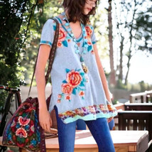 Johnny Was Relaxed Top Medium Bold Embroidery 100% Cotton w 100% Silk Trim NWT - £93.38 GBP