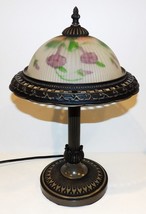 STUNNING REVERSE HAND-PAINTED GLASS PURPLE FLORAL TABLE LAMP WITH METAL ... - £79.12 GBP
