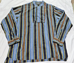 J Peterman Shirt Mens XXL 1/4 Button Blue Gold black Stripes Long Sleeve... - $31.92