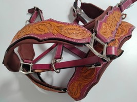 Premium Horse Beautifully Leathe Halter  Carved  Handmade Padded Chrome pink - £77.11 GBP
