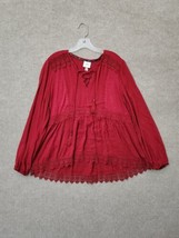 Knox Rose Blouse Top Womens L Red Long Sleeve Bohemian Tasseled Lace - £19.68 GBP