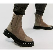Free People TATE  Suede Leather Studded Chelsea Moto Boots | 6.5 Oyster NEW - $60.78