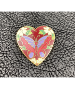 Vintage Cloisonné Enamel Heart Shaped Pin/Brooch Flowers &amp; Butterfly Gol... - £9.57 GBP