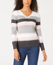 KAREN SCOTT Pastel Striped Pure Cotton V-neck Cableknit Sweater NWT XL - £10.28 GBP