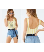 BUM Equipment Yellow Striped Leotard Bodysuit Size S 90s Y2K Tank Top 80s - €19,14 EUR