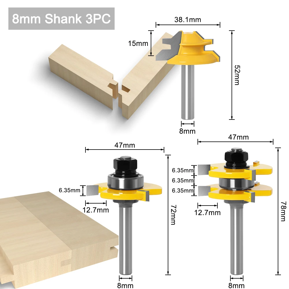 3 pc 8mm Shank high quality Tongue &amp; Groove Joint embly Router Bit Set 45 Degree - £178.39 GBP