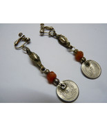 Pair of Vintage Silver Islamic Arabic Earrings Set w/ Amber, L 6 cm - £55.28 GBP