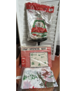 Vtg Lot Christmas Items Unopened cake pans, stencils plastic table cover... - $37.62