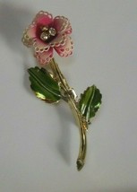 Pink Enamel Metal Tiered Flower Brooch W/Rhinestone Petals - £15.49 GBP