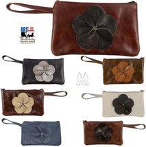 Leather Flower Clutch - Wrist Purse Amish Handmade In Usa - 10 Custom Colors - £63.35 GBP