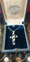 Vintage 925 Silver &amp; Cubic Zircon Set Cross Crucifix Pendant &amp; 16 Inch Chain - £61.52 GBP